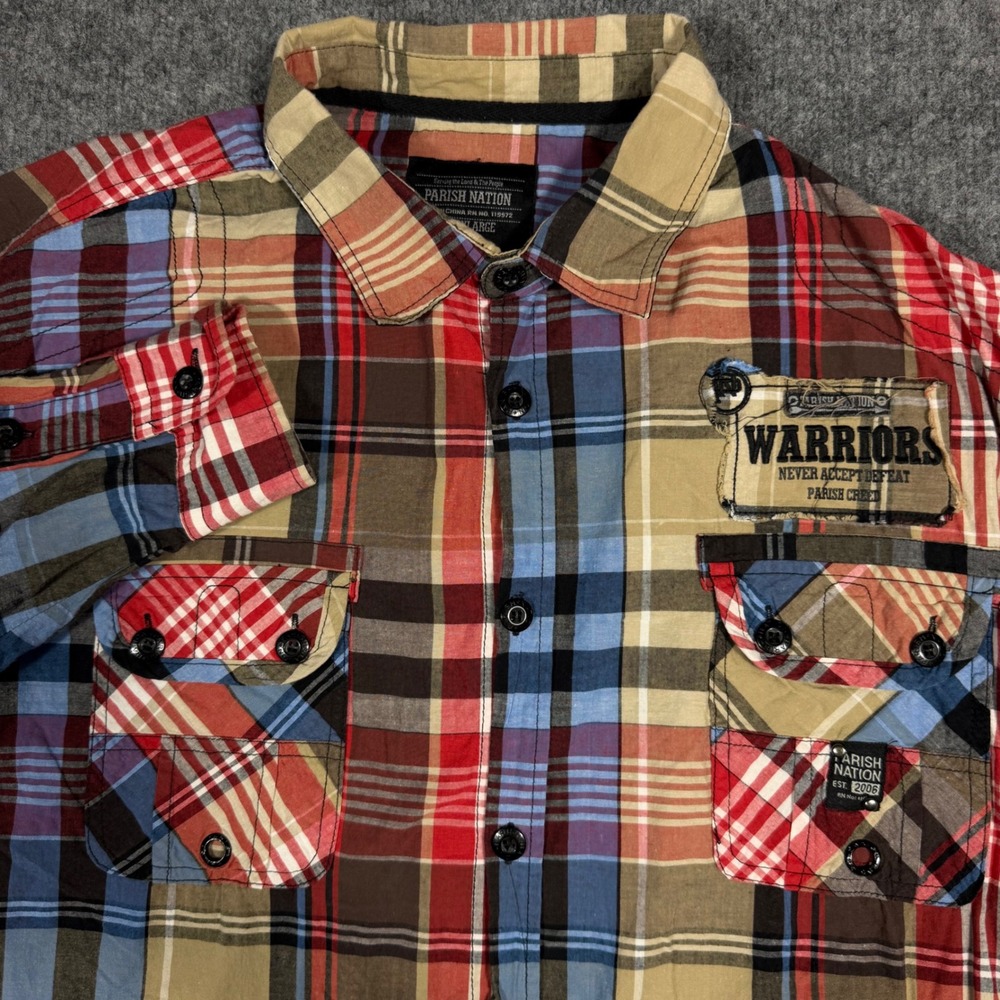 Parish Nation Plaid Button Up Warriors Graphic Mens XL Multicolor Cotton EUC